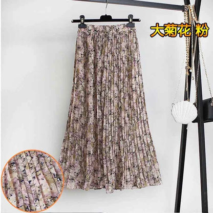 Women Summer Boho Chiffon Long Skirt Elegant Floral Print Pleated Skirts Elastic High Waist Casual Midi Skirt Women Clothes 2021