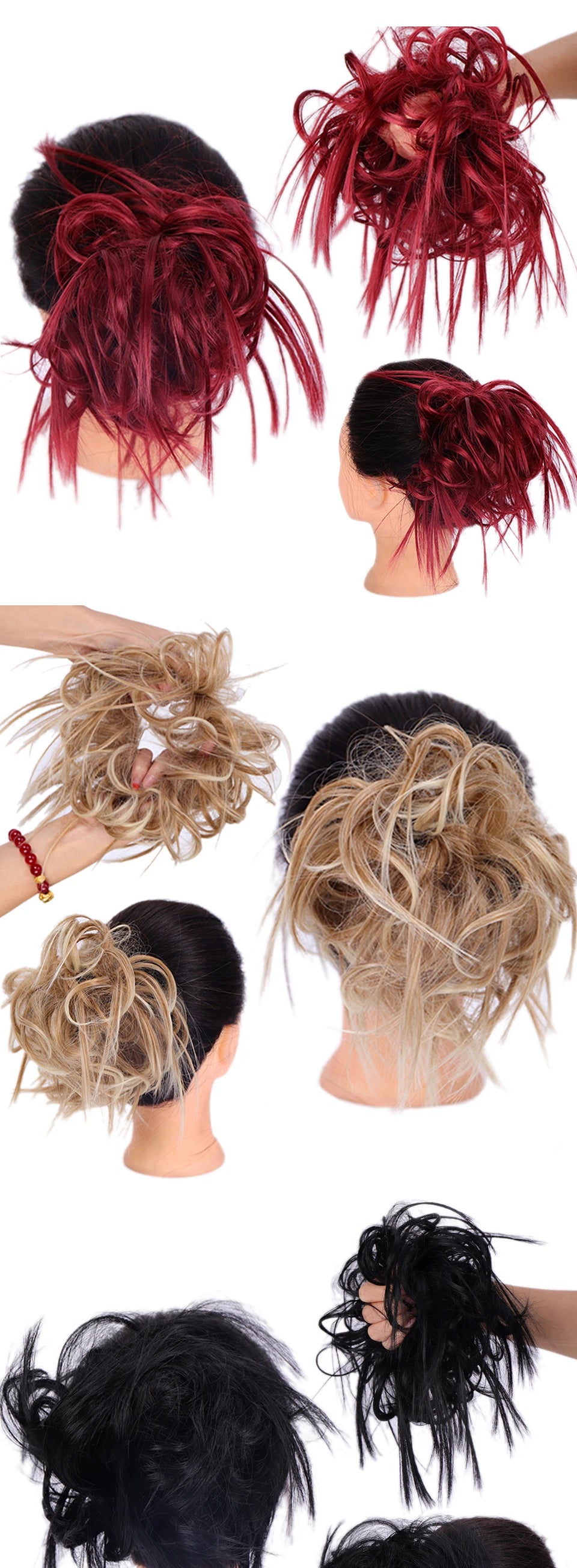 XIYUE Synthetic Messy Hair Bun Tousled Hairpiece Elastic Band Chignon Curly Scrunchie Updo Cover Hair Tail for Women Pink - AMULET RING STORE