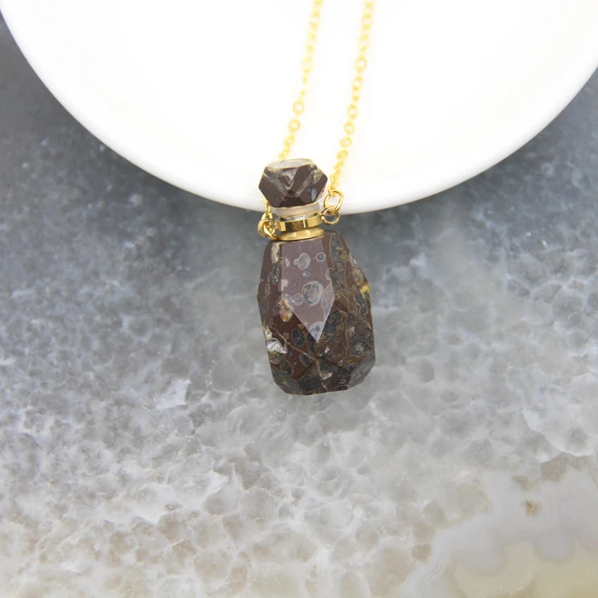 Natural Obsidian Faceted Perfume Bottle Pendants Necklaces,Pink Tourmaline Quartz Essential Oil Diffuser Vial Charms Jewelry - AMULET RING STORE