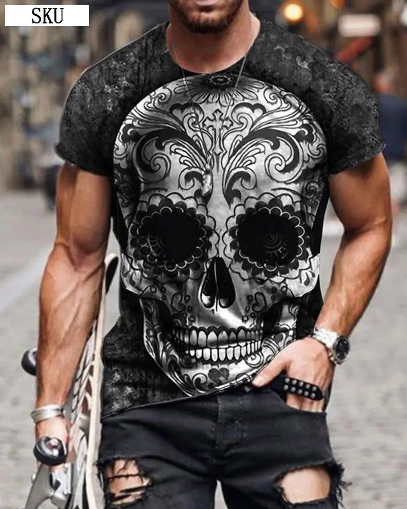 Personality 3D Printing Men's T-Shirt Skull Pattern for Men Demon Streetwear Handsome O-Neck Short Sleeves Casual Tshirt Top Tee - AMULET RING STORE