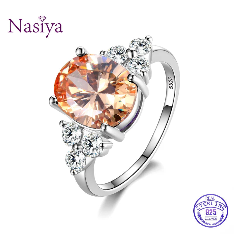 Women's Jewelry S925 Silver Rings White Pink Light Blue Champagne Zircon Oval Wedding Ring