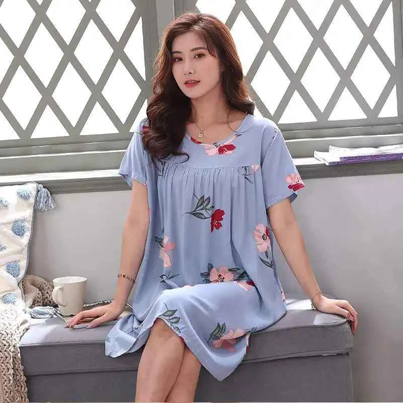 Women summer cotton nightgowns short-sleeved Korean loose big yards 4XL fit 100 kg nightshirt female floral print night dress