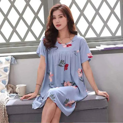 Women summer cotton nightgowns short-sleeved Korean loose big yards 4XL fit 100 kg nightshirt female floral print night dress