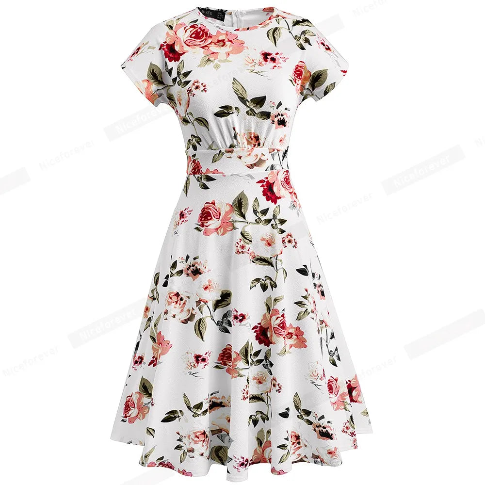 Nice-forever Vintage Elegant Floral Print Pleated Round neck vestidos A-Line Pinup Business Party Women Flare Swing Dress A102