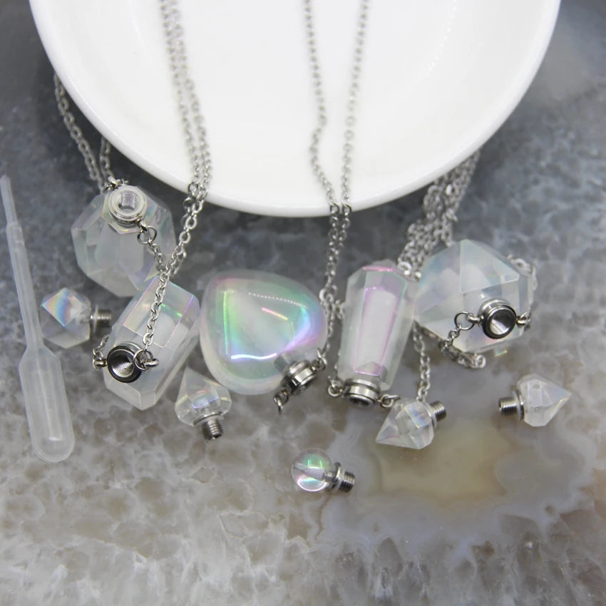 5 Shape Stainless steel Chains Rainbow Aura Crystal Perfume Bottle Pendant Necklace,AB Quartz Essential Oil Diffuser Vial Charms - AMULET RING STORE