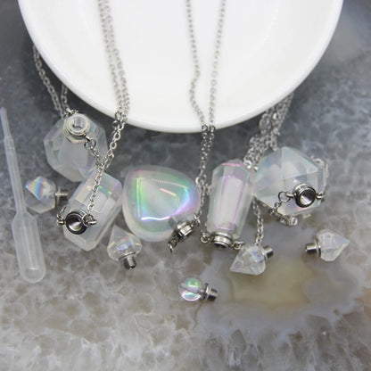5 Shape Stainless steel Chains Rainbow Aura Crystal Perfume Bottle Pendant Necklace,AB Quartz Essential Oil Diffuser Vial Charms - AMULET RING STORE