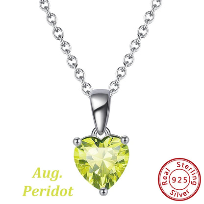 ORSA JEWELS 925 Sterling Silver 12 Color Heart Shaped Birthstone Pendant Necklace Woman Girl's Lucky Birthday Jewelry Gift APN02