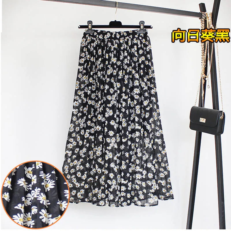 Women Summer Boho Chiffon Long Skirt Elegant Floral Print Pleated Skirts Elastic High Waist Casual Midi Skirt Women Clothes 2021