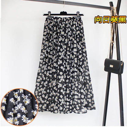 Women Summer Boho Chiffon Long Skirt Elegant Floral Print Pleated Skirts Elastic High Waist Casual Midi Skirt Women Clothes 2021