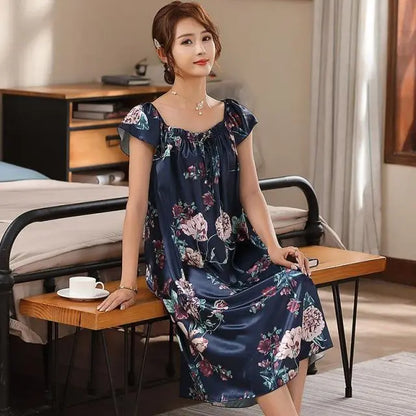 Large Size Lady Sexy Silk Nightgowns Women Casual Chemise Nightie Nightwear Lingerie Nightdress Sleepwear Dress Summer Clothes