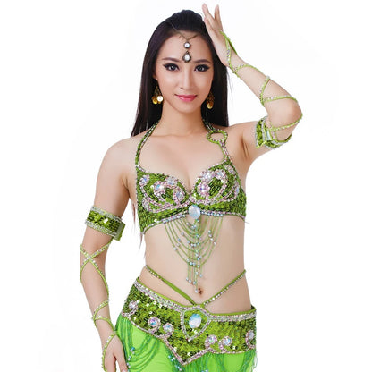 Women Sexy Belly Dance Beaded Top Bra & Belt 2pieces Belly Dance Costume Outfit Set Female Bollytwood Dance Costume 11 Colors