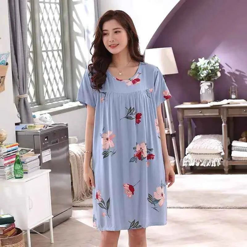 Women summer cotton nightgowns short-sleeved Korean loose big yards 4XL fit 100 kg nightshirt female floral print night dress