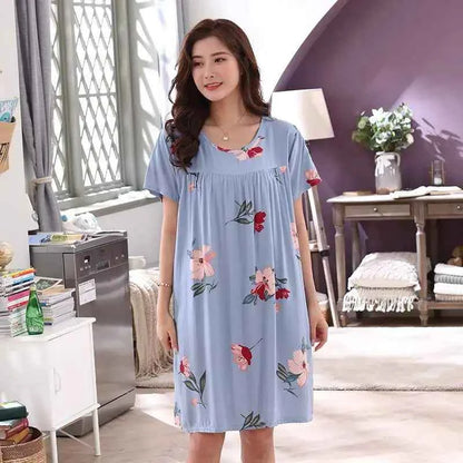 Women summer cotton nightgowns short-sleeved Korean loose big yards 4XL fit 100 kg nightshirt female floral print night dress