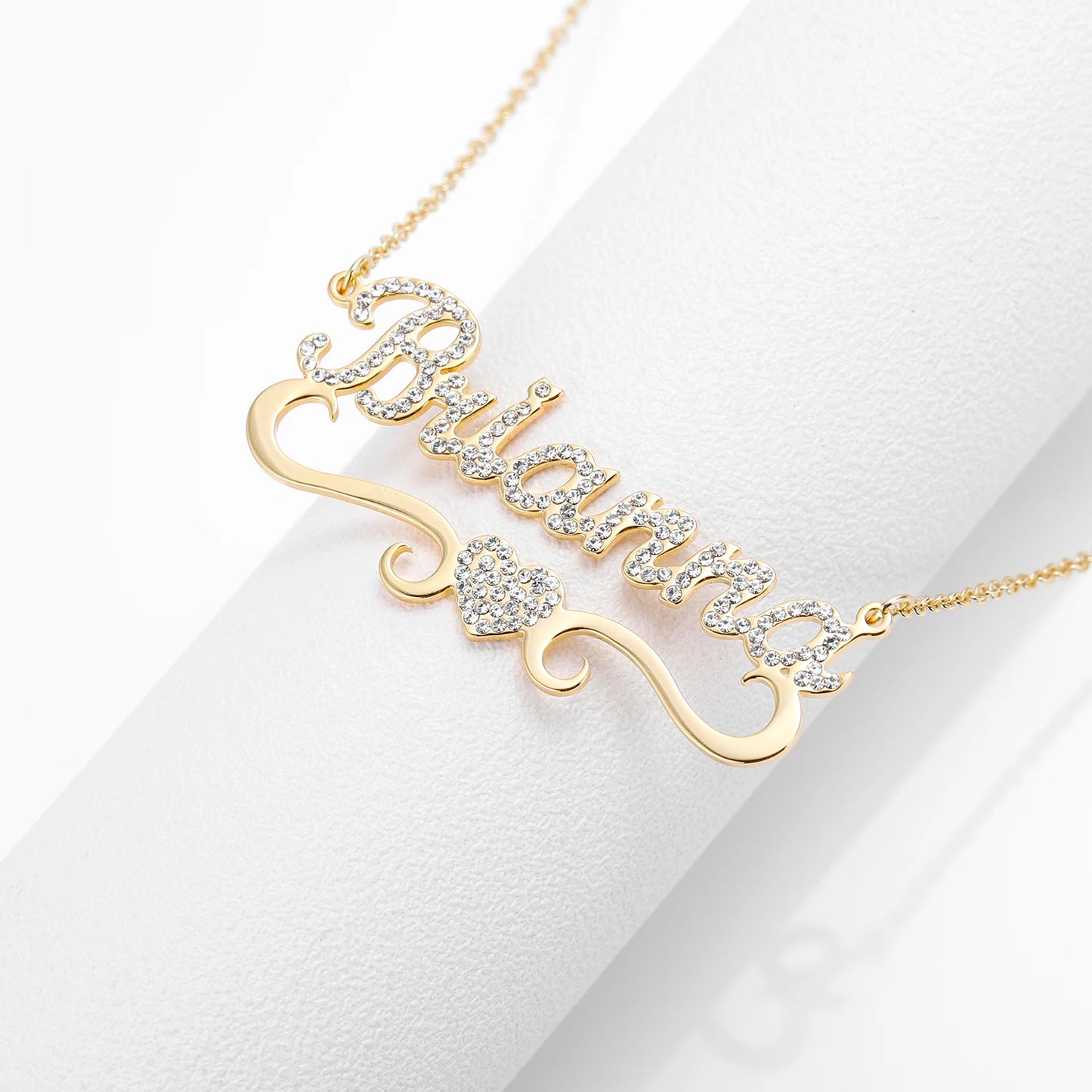 Qitian Personalized Name Necklace With Heart For Women Custom Gold Stainless Steel BlingBling Pendant Custom Iced Out Necklaces