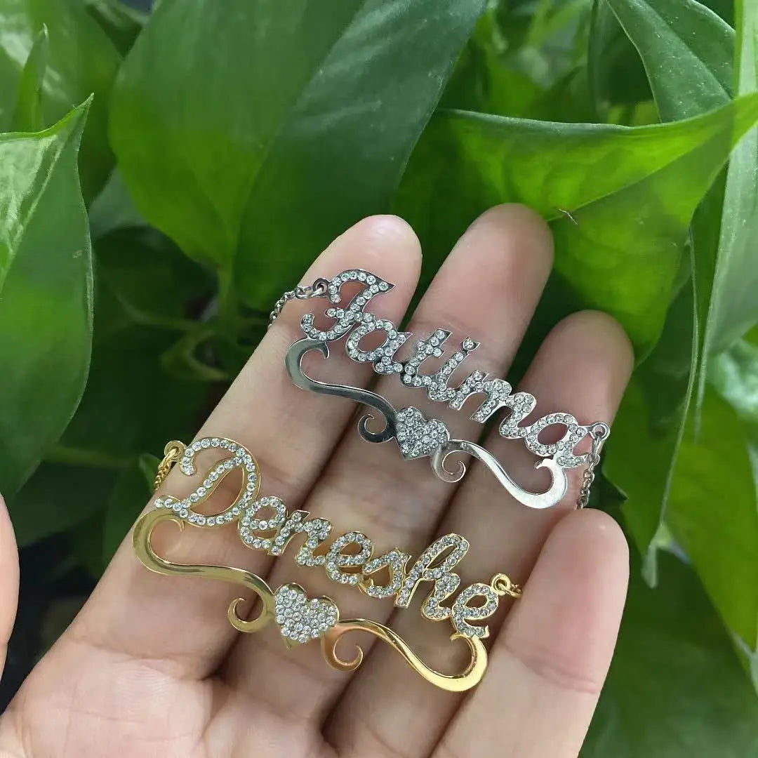 Qitian Personalized Name Necklace With Heart For Women Custom Gold Stainless Steel BlingBling Pendant Custom Iced Out Necklaces