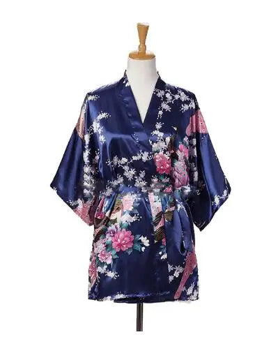 Lace Up Woman Peacock Print Japanese Kimono Yukata Silk Satin Short Style Sleepwear Home Nightgown Bath Robe Costume - AMULET RING STORE