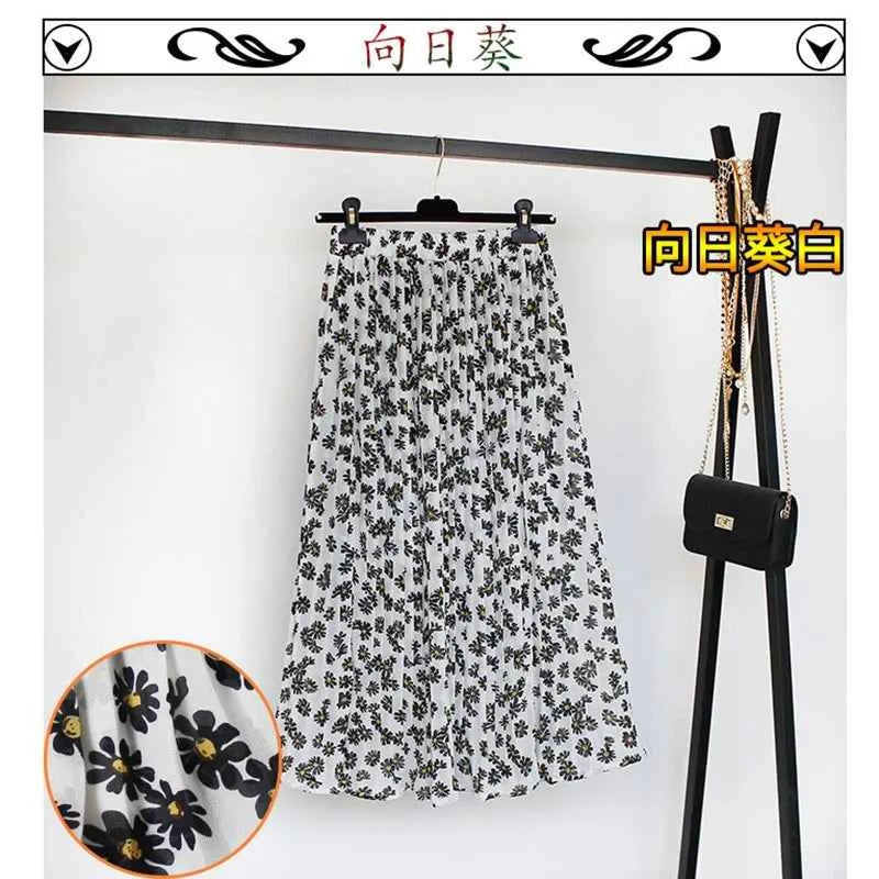Women Summer Boho Chiffon Long Skirt Elegant Floral Print Pleated Skirts Elastic High Waist Casual Midi Skirt Women Clothes 2021