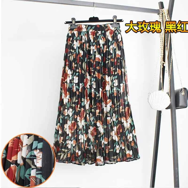 Women Summer Boho Chiffon Long Skirt Elegant Floral Print Pleated Skirts Elastic High Waist Casual Midi Skirt Women Clothes 2021