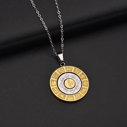 Stainless Steel Rotatable Chinese Zodiac Palaces Bagua Pendant Necklace