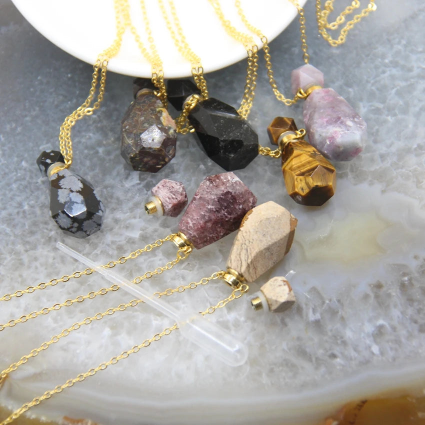 Natural Obsidian Faceted Perfume Bottle Pendants Necklaces,Pink Tourmaline Quartz Essential Oil Diffuser Vial Charms Jewelry - AMULET RING STORE
