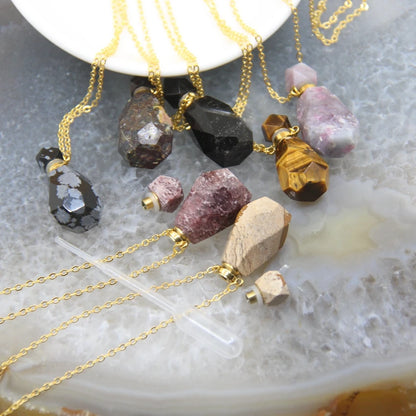Natural Obsidian Faceted Perfume Bottle Pendants Necklaces,Pink Tourmaline Quartz Essential Oil Diffuser Vial Charms Jewelry - AMULET RING STORE