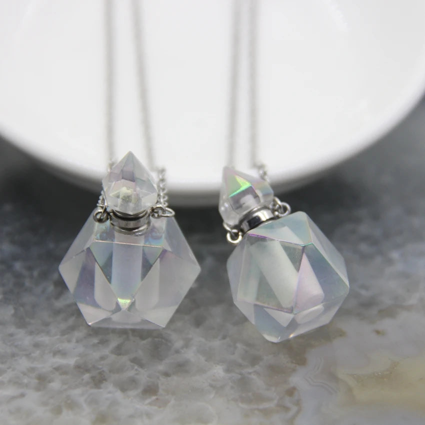 5 Shape Stainless steel Chains Rainbow Aura Crystal Perfume Bottle Pendant Necklace,AB Quartz Essential Oil Diffuser Vial Charms - AMULET RING STORE