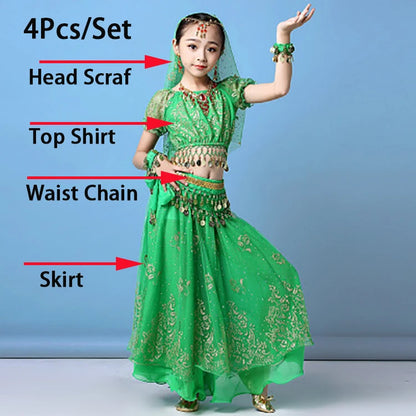 Children Indian Belly Dance Costume Girl Dress Bollywood Belly Dance 4Pcs/Set Performance Kids With Coins Accessories