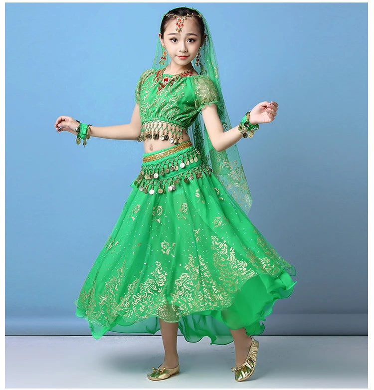 Children Indian Belly Dance Costume Girl Dress Bollywood Belly Dance 4Pcs/Set Performance Kids With Coins Accessories