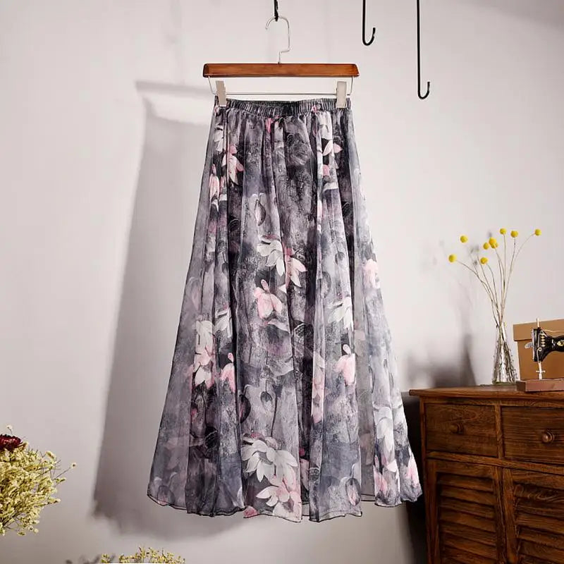 New Fashion 2025 Women's BOHO Elegant Florals Print Chiffon Long Skirt Ladies Slim High-Waist Elastic Waist Pleated Skirts SK15