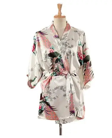 Lace Up Woman Peacock Print Japanese Kimono Yukata Silk Satin Short Style Sleepwear Home Nightgown Bath Robe Costume - AMULET RING STORE