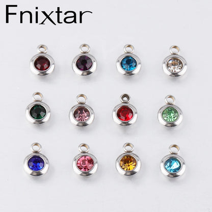 Fnixtar 60Pcs/Lot Stainless Steel Birthstone Charms 6.5mm Rhinestones Month Birthstone Charms For DIY Jewelry Making Necklace