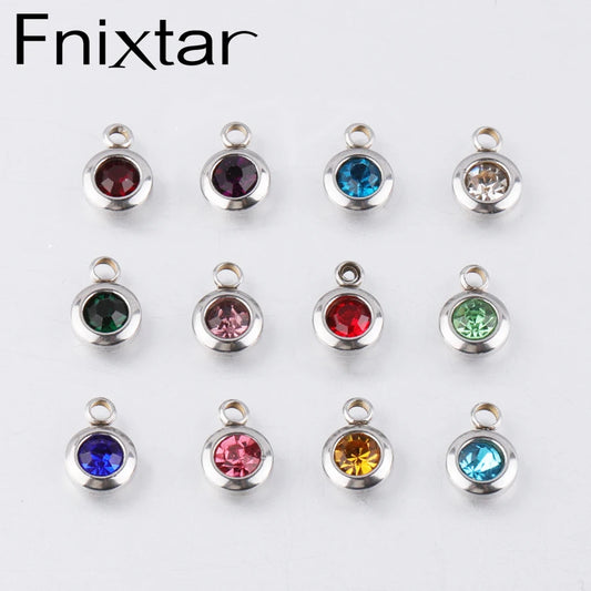 Fnixtar 60Pcs/Lot Stainless Steel Birthstone Charms 6.5mm Rhinestones Month Birthstone Charms For DIY Jewelry Making Necklace