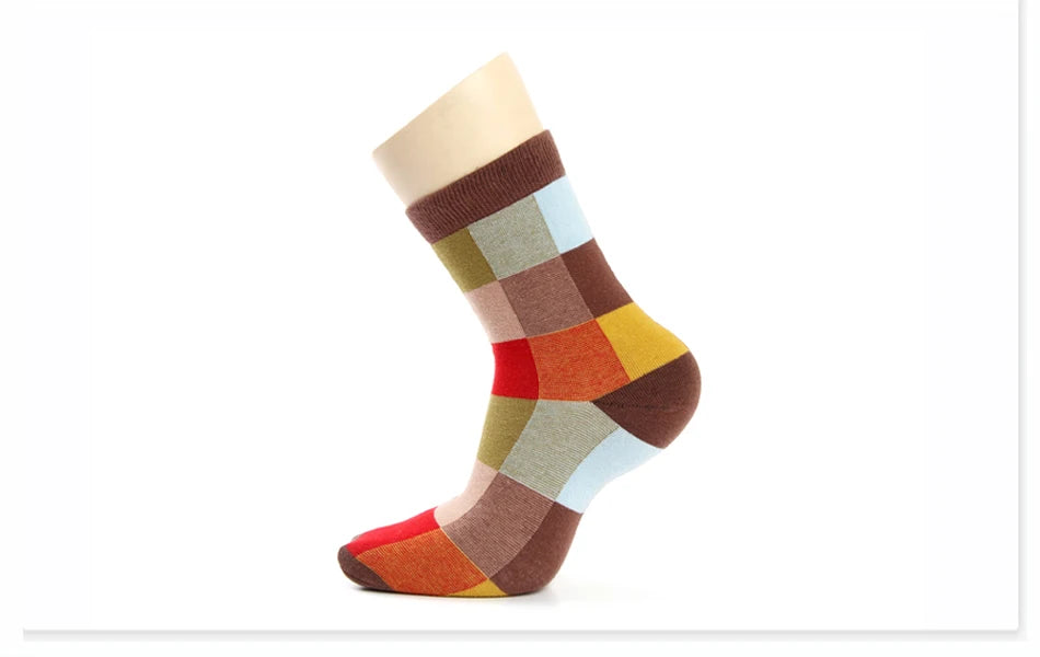 5 Pairs Combed Cotton Men's Socks Compression Socks Fashion Colorful Square Stripe Happy Dress Socks Men Size 39-45 - AMULET RING STORE