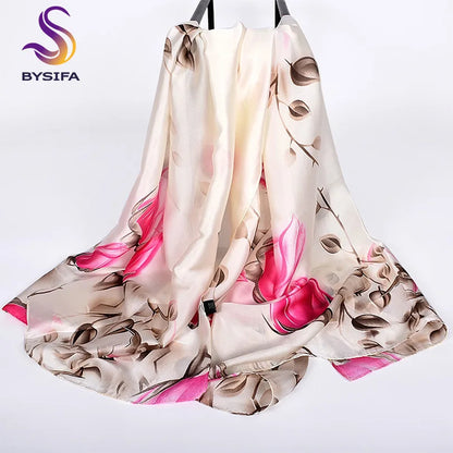[BYSIFA] Navy Blue Chinese Roses Women Scarves Fall Winter Utrlong Top Grade Brand Trendy Silk Letters Long Scarf Shawl Wrap - AMULET RING STORE
