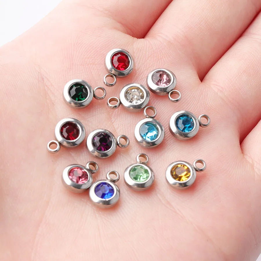 Fnixtar 60Pcs/Lot Stainless Steel Birthstone Charms 6.5mm Rhinestones Month Birthstone Charms For DIY Jewelry Making Necklace