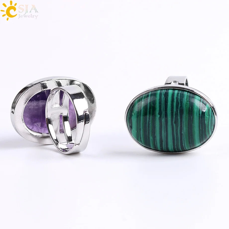 CSJA Reiki Natural Gem Stone Finger Ring for Men Women Pink Quartz Tiger Eye Lapis Lazuli Black Obsidian Party Ring Jewelry E832