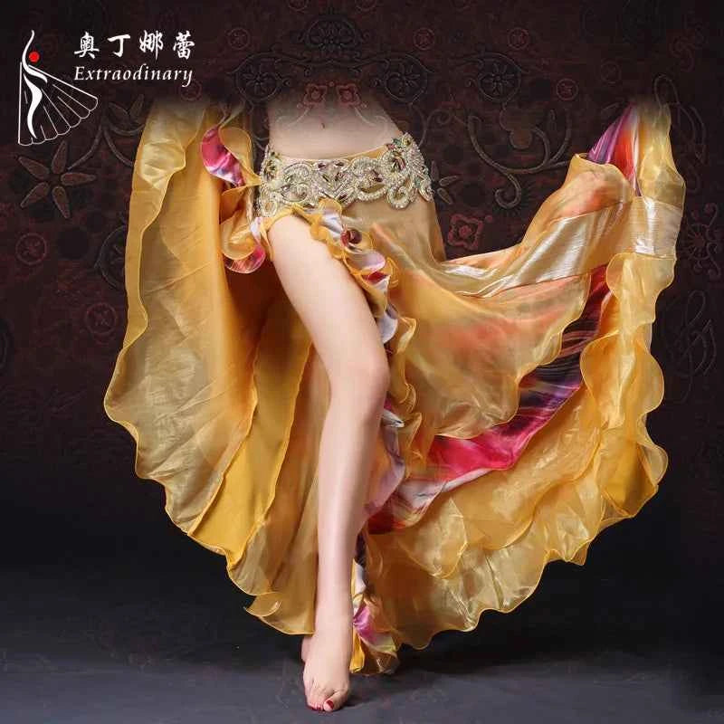 2018 New Arrival Belly Dancing Clothing Long Full Circle Skirts Golden Color Yarn Belly Dance Skirt For Women Without Belt