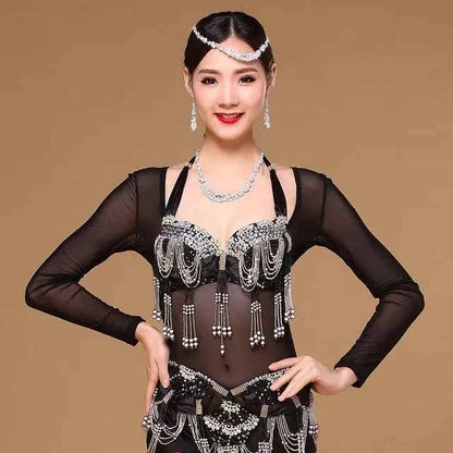 Plus Size One Piece Dance Accessories Long Sleeves Chest Opened Women Bodysuit Bottoming Shirt Belly Dance Tops