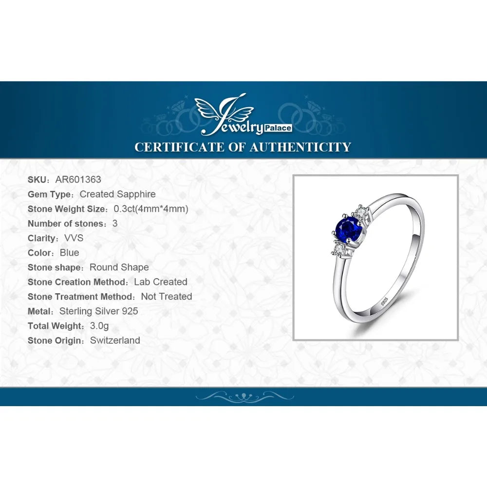 JewelryPalace Created Blue Sapphire 925 Sterling Silver 3 Stones Promise Ring for Women Fashion Gemstone Jewelry Wedding Gift