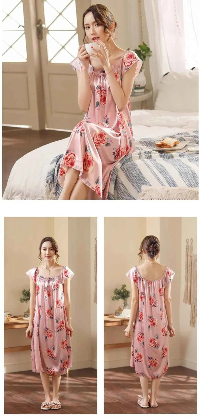 Large Size Lady Sexy Silk Nightgowns Women Casual Chemise Nightie Nightwear Lingerie Nightdress Sleepwear Dress Summer Clothes