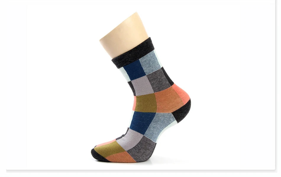 5 Pairs Combed Cotton Men's Socks Compression Socks Fashion Colorful Square Stripe Happy Dress Socks Men Size 39-45 - AMULET RING STORE