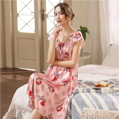 Large Size Lady Sexy Silk Nightgowns Women Casual Chemise Nightie Nightwear Lingerie Nightdress Sleepwear Dress Summer Clothes