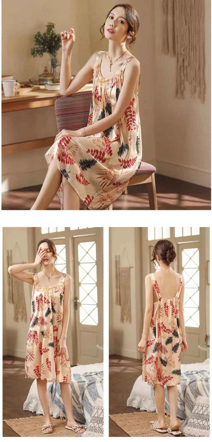 Large Size Lady Sexy Silk Nightgowns Women Casual Chemise Nightie Nightwear Lingerie Nightdress Sleepwear Dress Summer Clothes