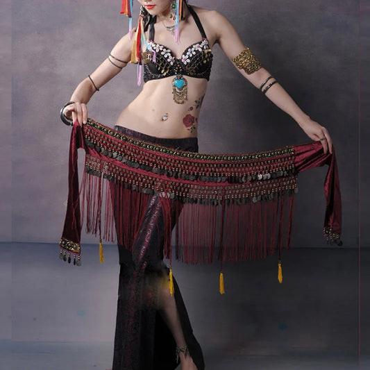 US New Belly Dance Hip Scarf Coin Belt Tribal Costume Fringe Tassel Belt Copper Belly Dancing Waist Tribal Design Conins Belt - AMULET RING STORE