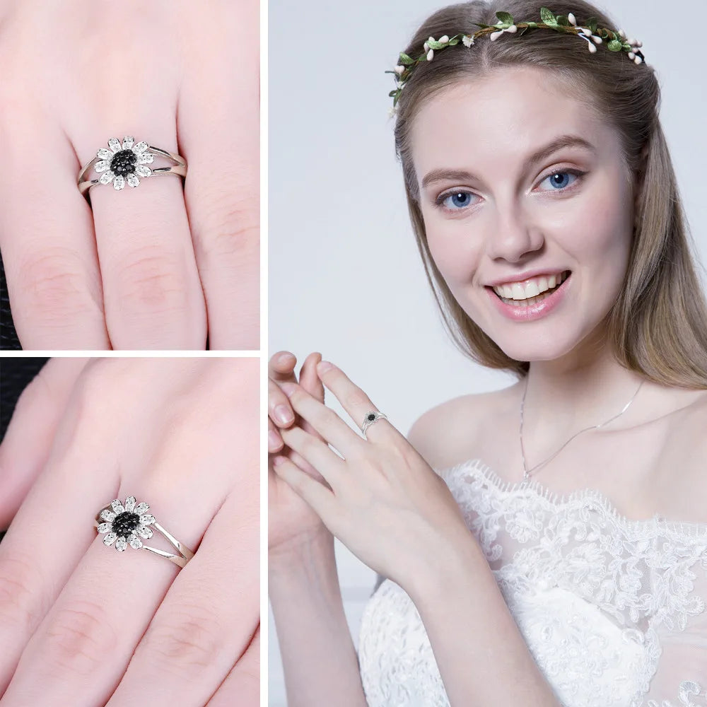 JewelryPalace Flower Natural Black Spinel 925 Sterling Silver Ring for Women Fashion Gemstone Jewelry Anniversary Birthday Gift