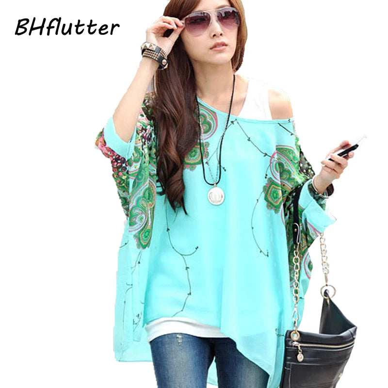 Summer Blouse Shirt 2021 New Fashion Women Casual Chiffon Blouses Tops Plus Size 4XL 5XL 6XL Batwing Sleeve Women's Shirts - AMULET RING STORE
