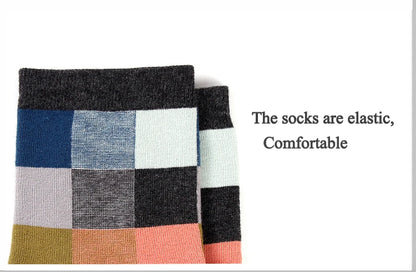 5 Pairs Combed Cotton Men's Socks Compression Socks Fashion Colorful Square Stripe Happy Dress Socks Men Size 39-45 - AMULET RING STORE