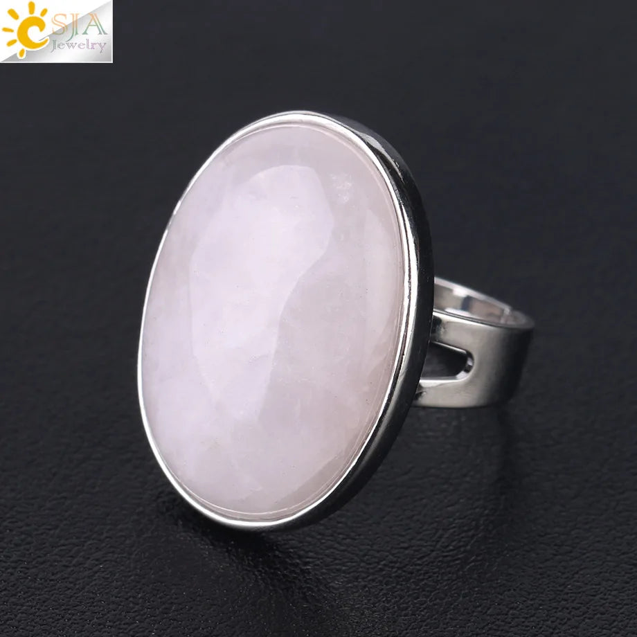 CSJA Reiki Natural Gem Stone Finger Ring for Men Women Pink Quartz Tiger Eye Lapis Lazuli Black Obsidian Party Ring Jewelry E832