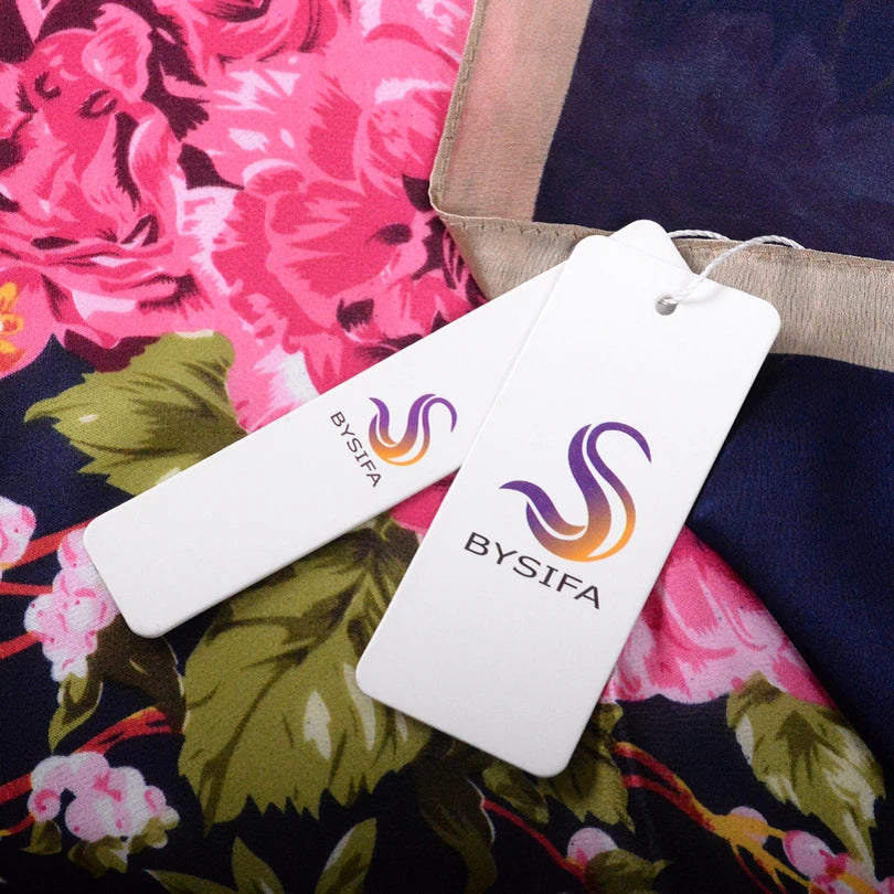 [BYSIFA] Navy Blue Chinese Roses Women Scarves Fall Winter Utrlong Top Grade Brand Trendy Silk Letters Long Scarf Shawl Wrap - AMULET RING STORE