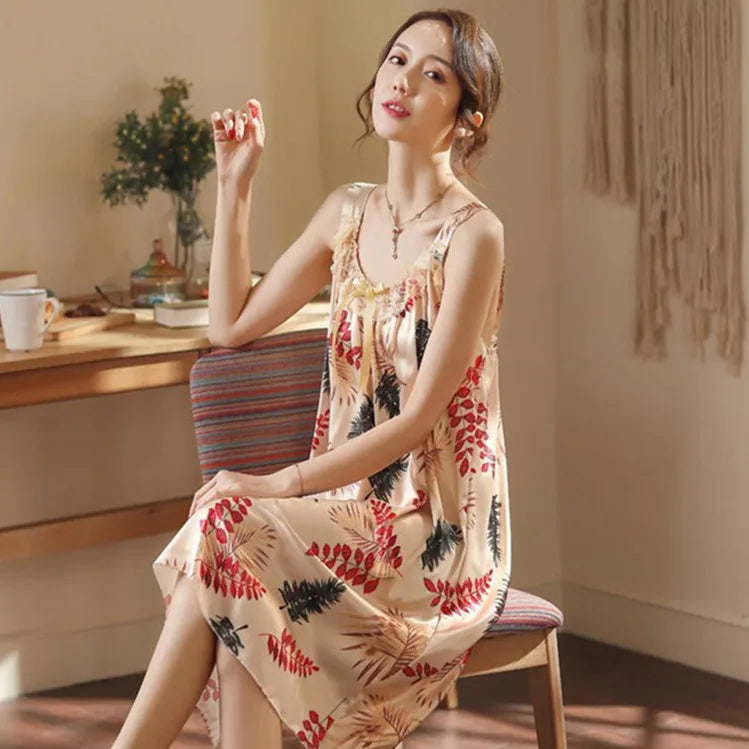 Large Size Lady Sexy Silk Nightgowns Women Casual Chemise Nightie Nightwear Lingerie Nightdress Sleepwear Dress Summer Clothes
